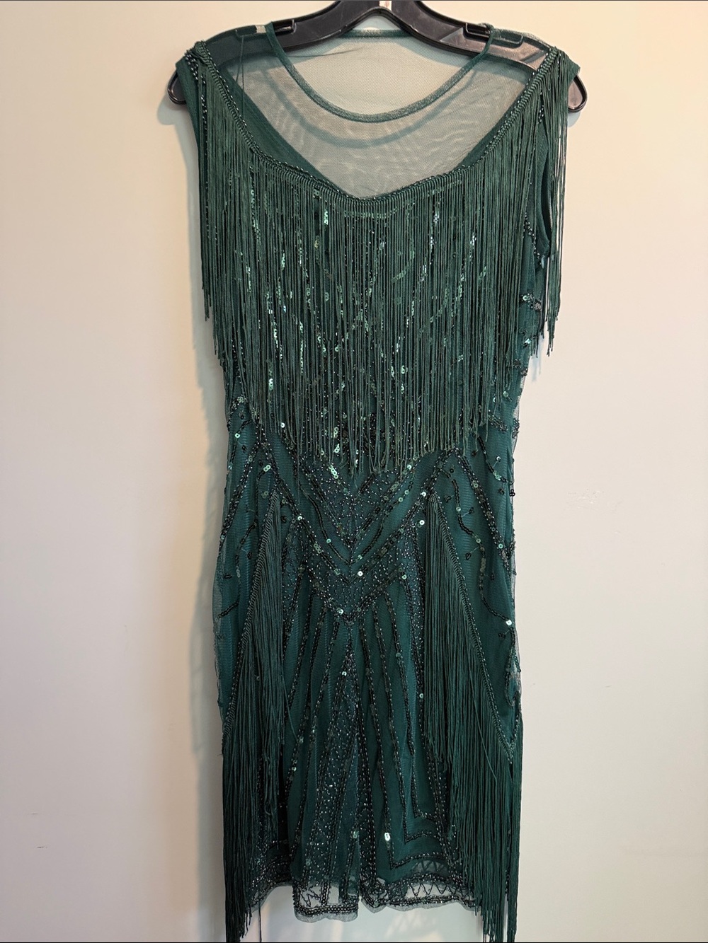 Fringe Sequin Midi Dress in Emerald Green
